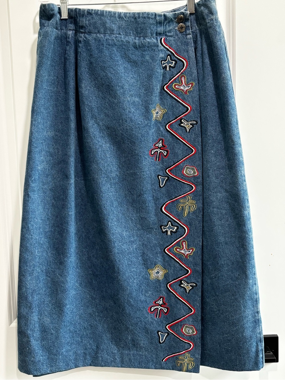 Vintage Ruff Hewn Blue Denim Midi Skirt with Colorful Embroidered Trim